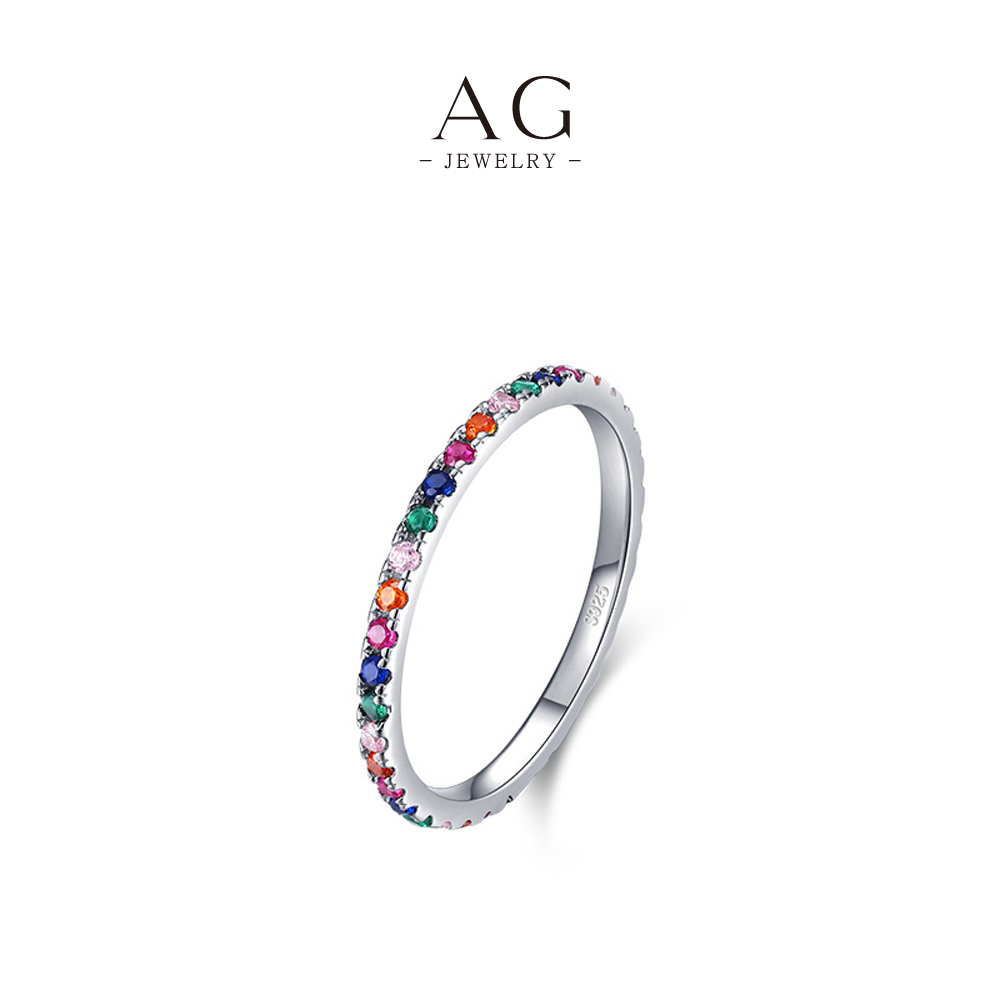AG Rainbow Zircon Ring 925 Sterling Silver Colorful Sparkle Jewelry AGRHR659