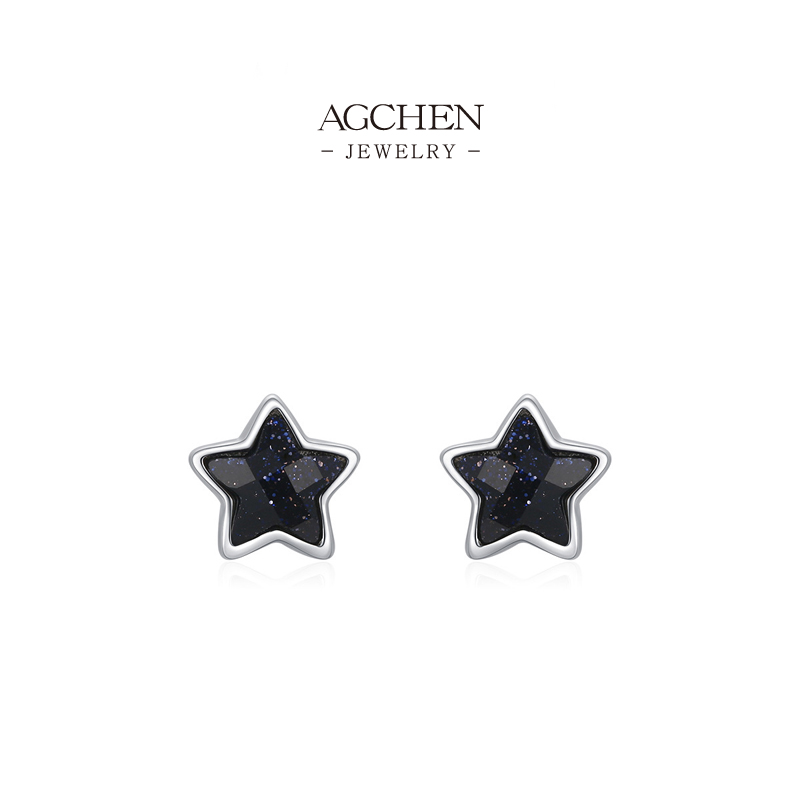 AGCHEN Black Star Glitter Zircon Stud Earrings 925 Sterling Silver AGE471