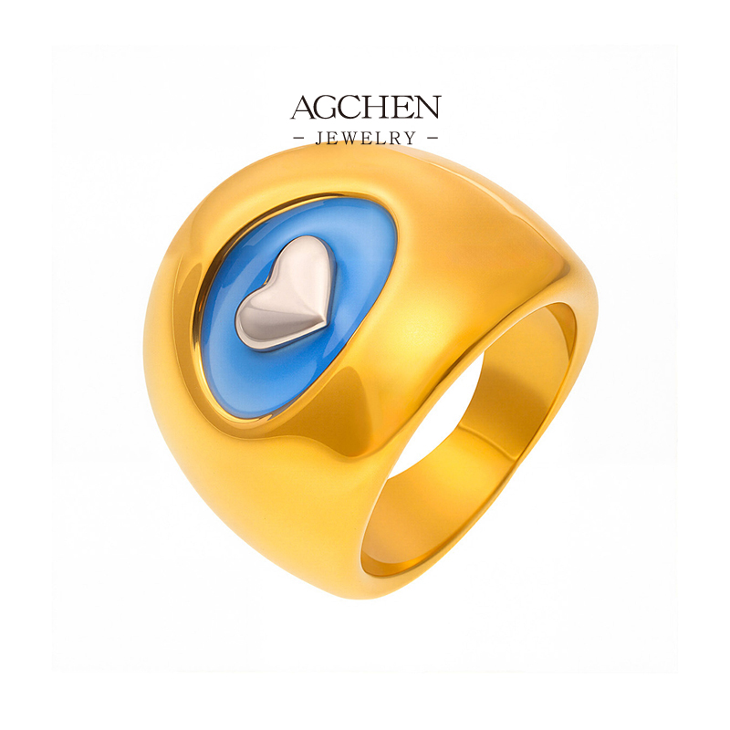 AGCHEN Stainless Steel Heart Blue Enamel Ring Colorful Jewelry Custom Order Manufacturer AGA742