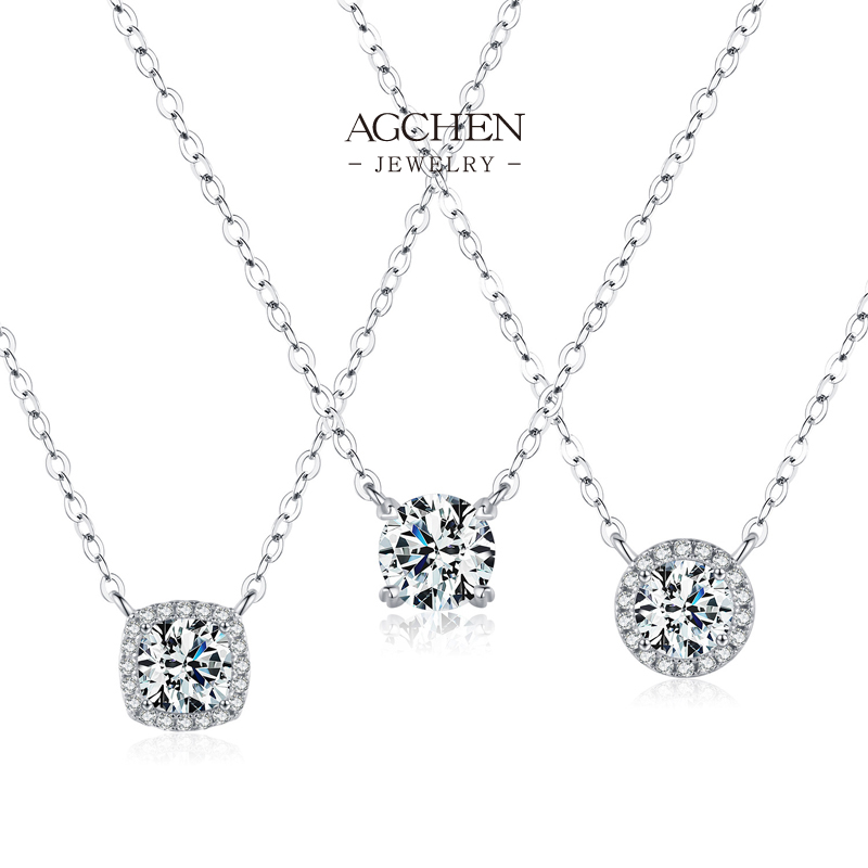 AGCHEN Modern Square Zircon Necklace 925 Silver Minimalist Princess Cut Jewelry AGMSN0044