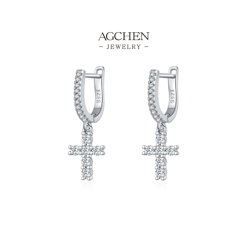 AGCHEN Cross Zircon Drop Earrings 925 Sterling Silver Faith Inspired Statement Jewelry AGMSE0080