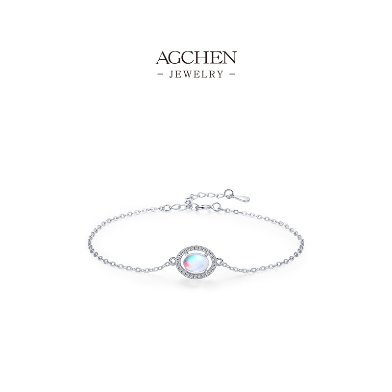 AGCHEN Moonstone Beaded Bracelet 925 Sterling Silver Celestial Aura Jewelry AGRHB964