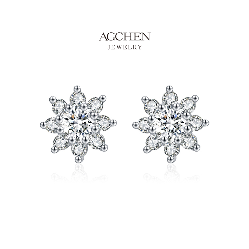 AGCHEN Full Pav&eacute; Floral Zircon Stud Earrings 925 Sterling Silver Blooming Garden Jewelry AGMSE0073