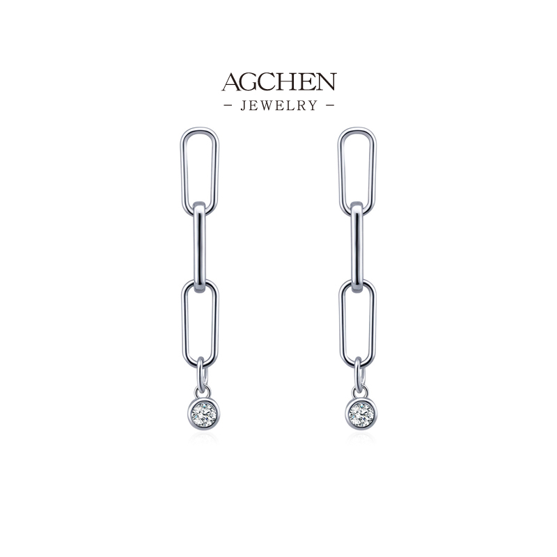 AGCHEN Square Frame Round Zircon Stud Earrings 925 Sterling Silver Architectural Fusion Jewelry AGMSE0074