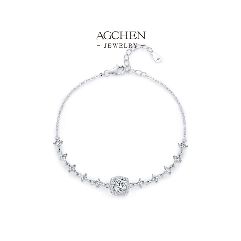 AGCHEN Wedding Band Style Zircon Bracelet 925 Sterling Silver Bridal Stackable Jewelry AGMSB0070