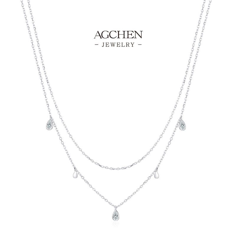 AGCHEN Double Layer Teardrop Zircon Necklace 925 Silver Statement Jewelry AGMSN0011 