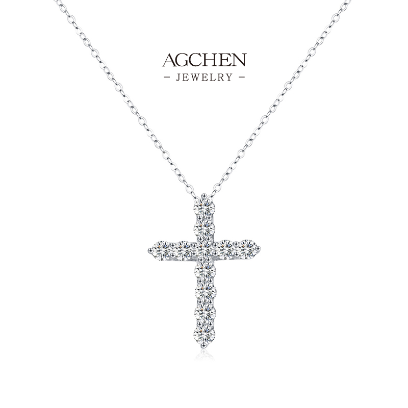 AGCHEN Cross Zircon Pendant Necklace 925 Sterling Silver Dainty Feminine Jewelry AGMSN0098