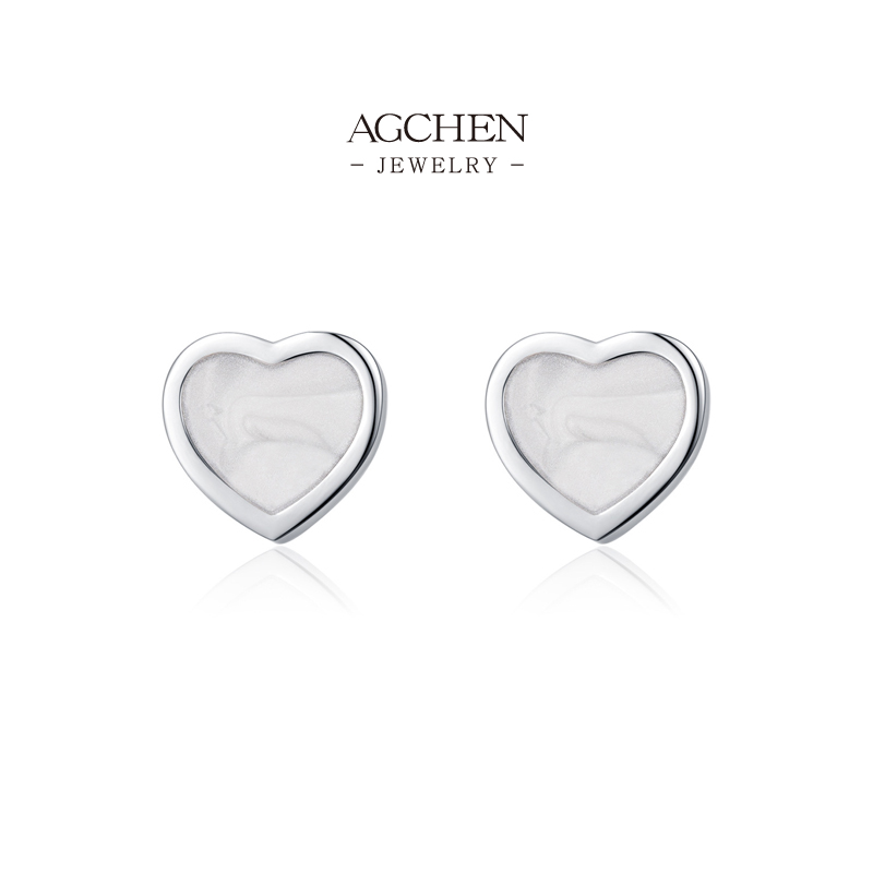 AGCHEN Heart Shaped Mother of Pearl Stud Earrings 925 Sterling Silver AGRHE1849