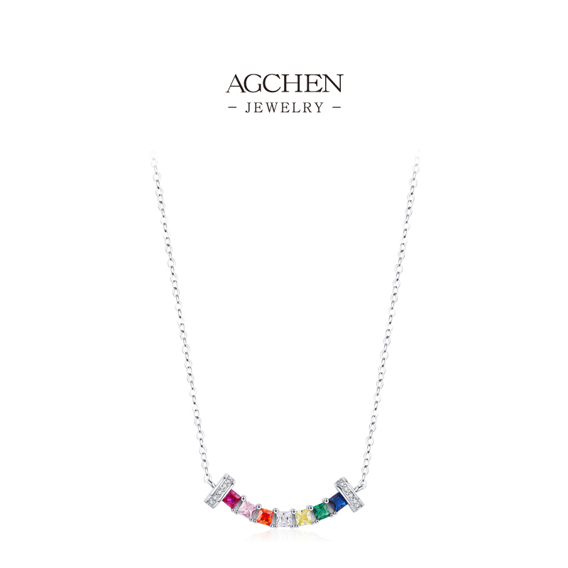 AGCHEN Rainbow Zircon Necklace in 925 Sterling Silver  Colorful Everyday Jewelry AGRHN1490