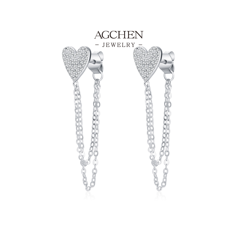 AGCHEN Heart Tassel Earrings 925 Sterling Silver Romantic Motion Drop Jewelry AGRHE1893