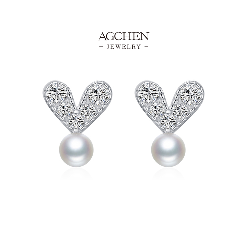 AGCHEN Heart and Pearl Stud Earrings 925 Sterling Silver Romantic Classic Jewelry AGRHE1859