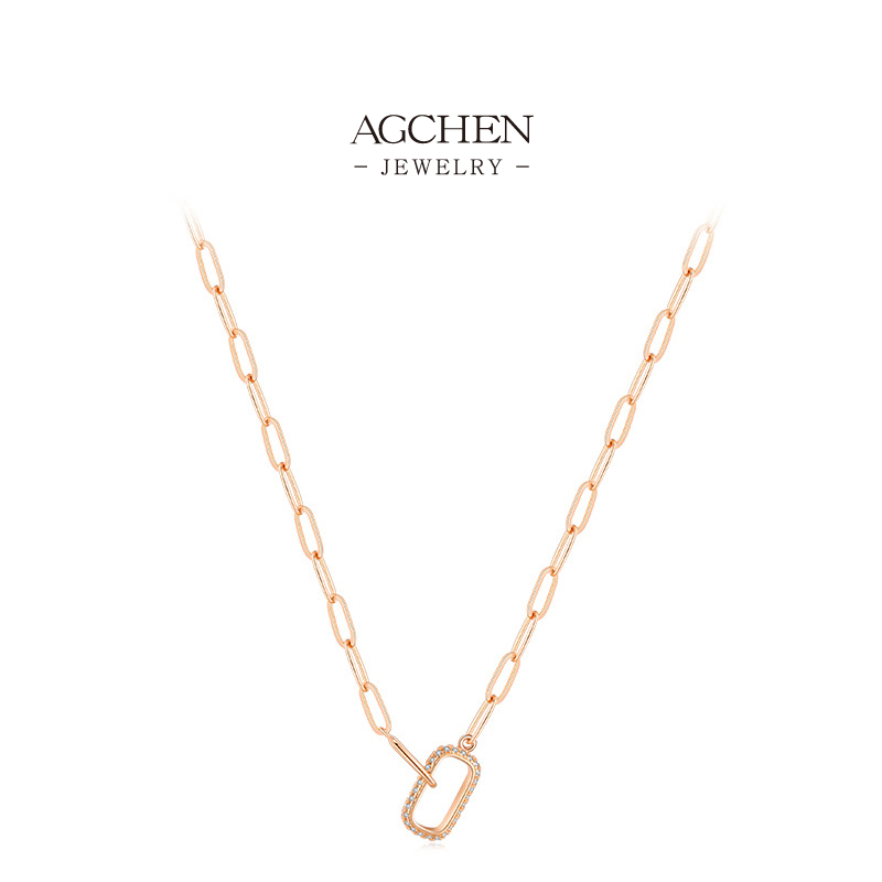AGCHEN Double Oval Hoop Necklace 925 Sterling Silver Modern Geometric Link Jewelry AGRHN1123