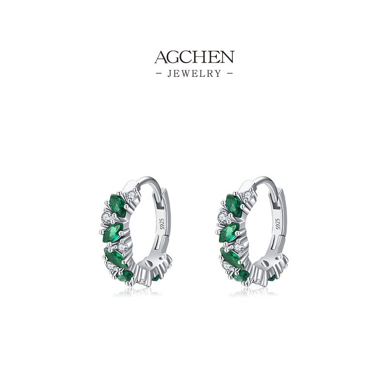 AGCHEN Green Zircon Clip Earrings 925 Silver Plated Nature Inspired Non Pierced Jewelry AGRHE1217