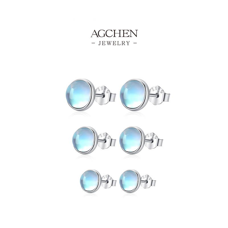 AGCHEN Moonstone Stud Earrings 925 Sterling Silver Three Sizes Celestial Jewelry Collection AGRHE1164