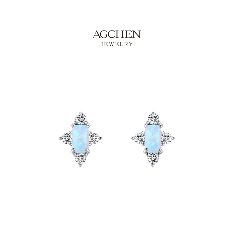 AGCHEN Opal Stud Earrings 925 Sterling Silver Iridescent Minimalist Gemstone Jewelry AGRHE817