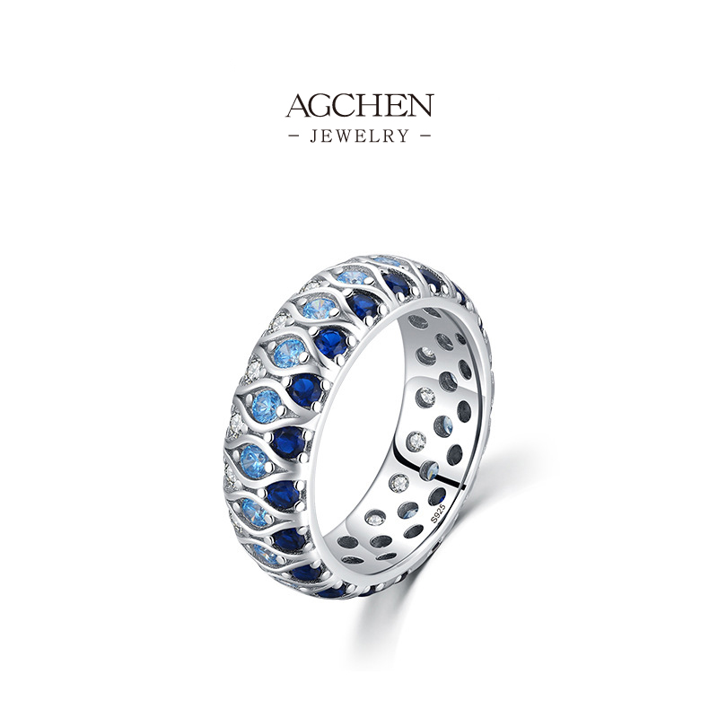 AGCHEN Ocean Depths Zircon Ring 925 Sterling Silver Marine Gradient Jewelry AGRHR1110