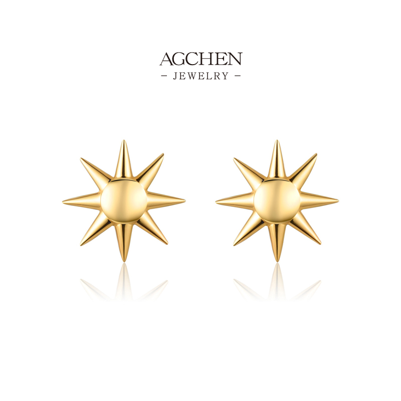 AGCHEN Golden Mirror Stud Earrings Brass Gold Plated Reflective Minimalist Jewelry AGRHE1845 