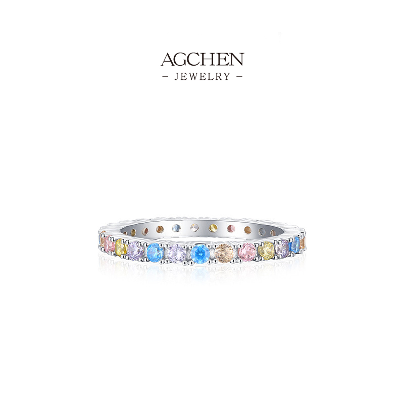 AGCHEN JEWELRY Full Pav&eacute; Color Zircon Ring 925 Sterling Silver Prismatic Halo Jewelry AGRHR899