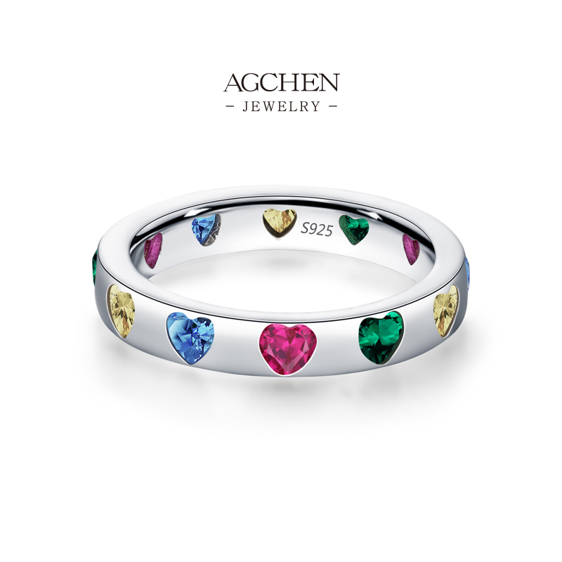 AGCHEN Multicolor Heart Zircon Ring 925 Sterling Silver Rainbow Love Token Jewelry AGRHR1913