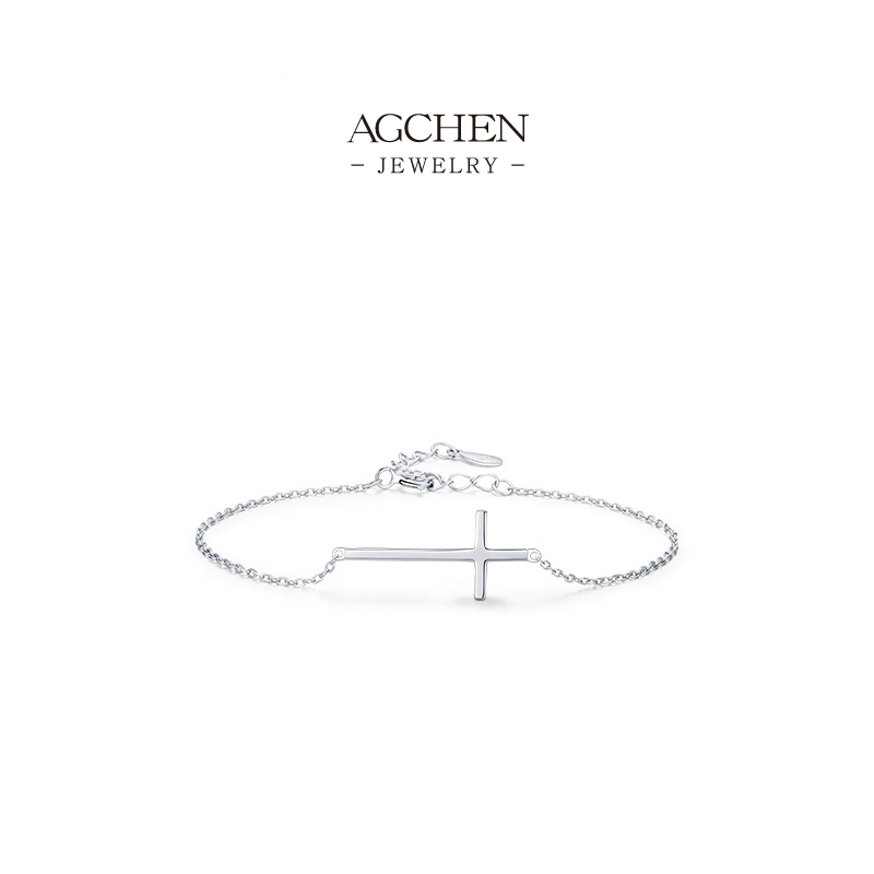 AGCHEN Horizontal Cross Bracelet 925 Sterling Silver Modern Faith Jewelry AGS0565