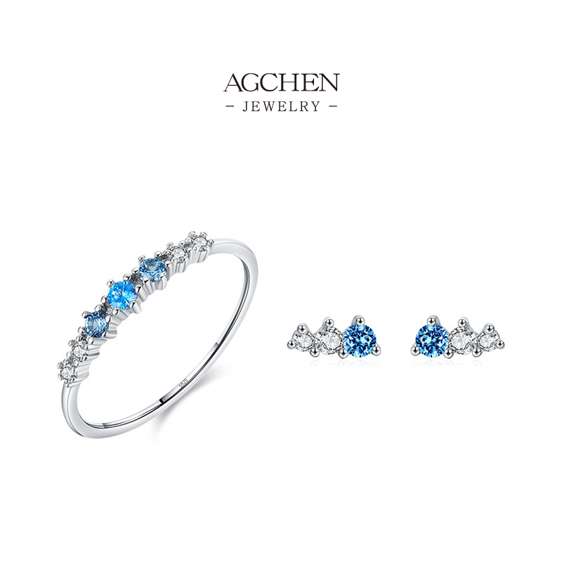 AGCHEN Three Stone Zircon Stud Earrings 925 Sterling Silver Trinity Sparkle Ear Jewelry AGRHS1263