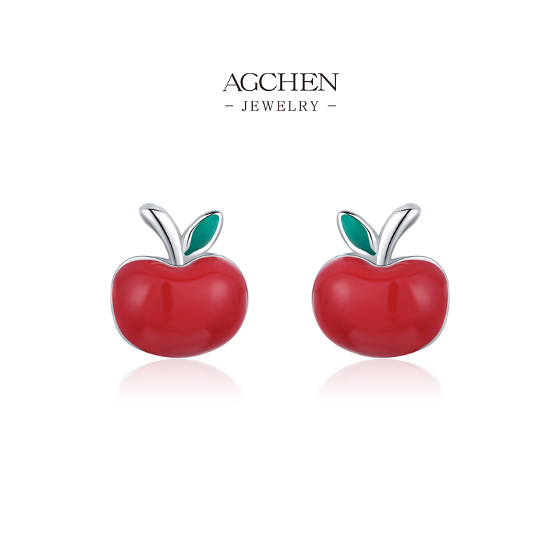 AGCHEN Apple Stud Earrings 925 Sterling Silver Fruit Theme Jewelry AGRHE1851