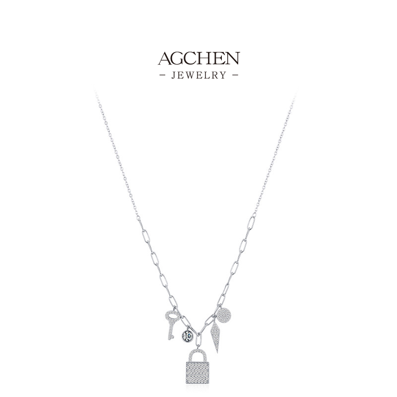 AGCHEN Vintage Key Lock and Leaf Charm Necklace 925 Sterling Silver Storytelling Jewelry AGRHN1084