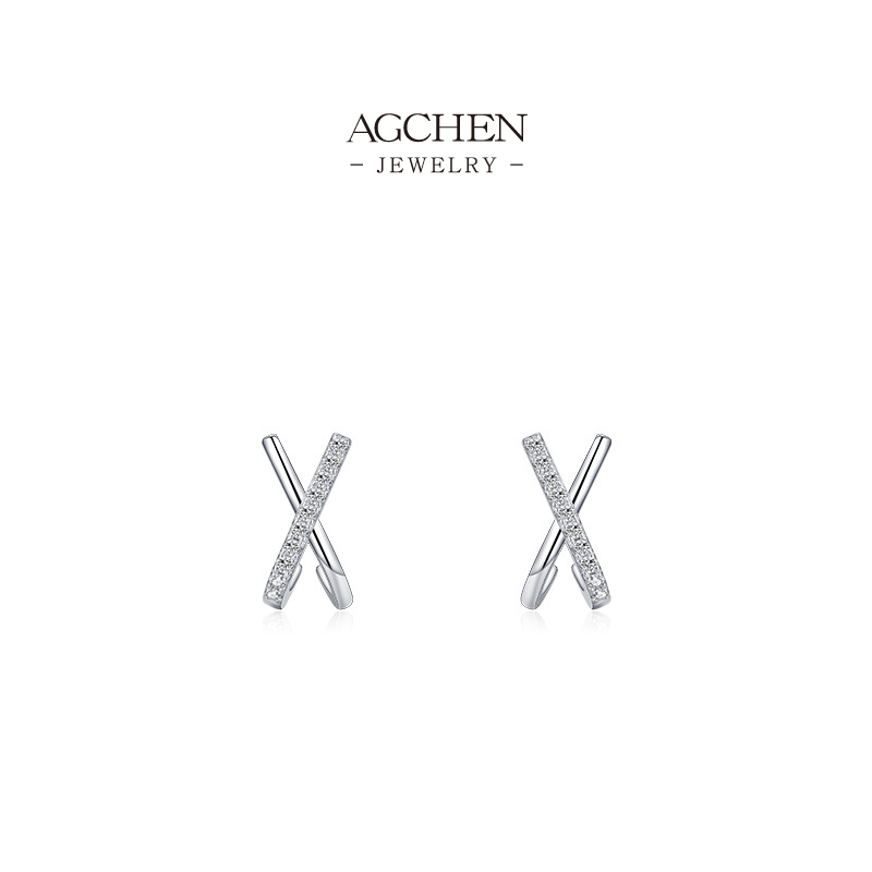 AGCHEN X-Symbol Stud Earrings 925 Sterling Silver Modern Kiss Cross Jewelry AGRHE830