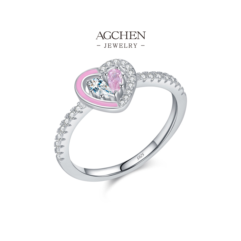AGCHEN Heart Charm Gallery Ring 925 Sterling Silver Personal Story Jewelry AGRHR1807