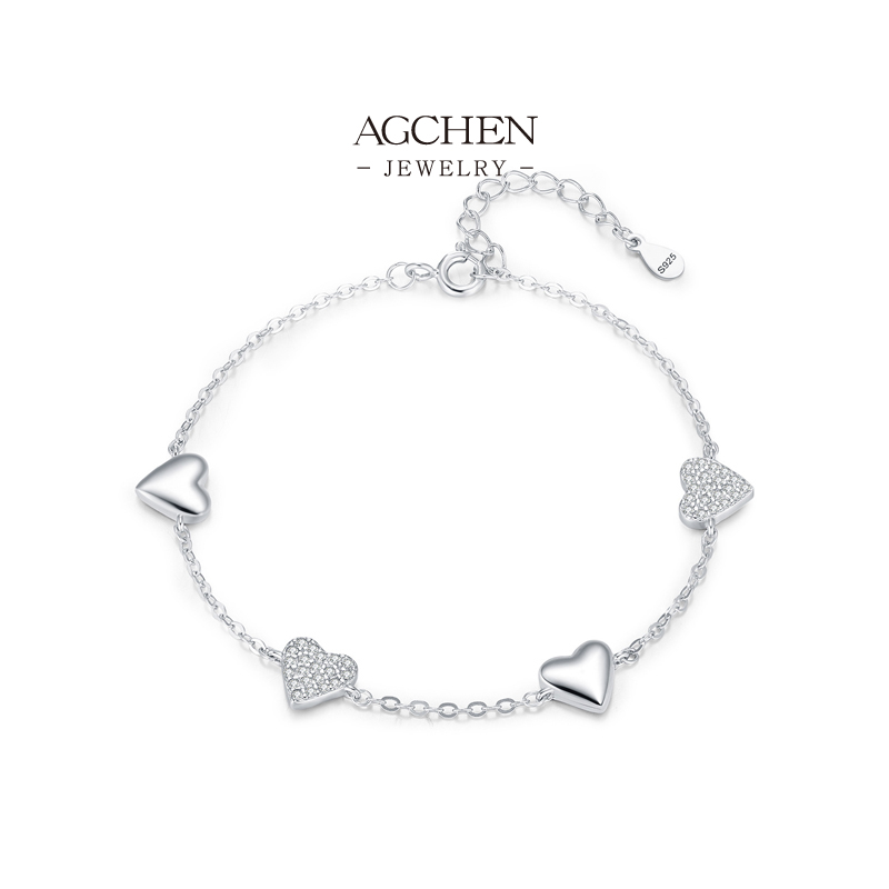 AGCHEN Heart Link Bracelet 925 Sterling Silver Romantic Token Jewelry AGRHB1872