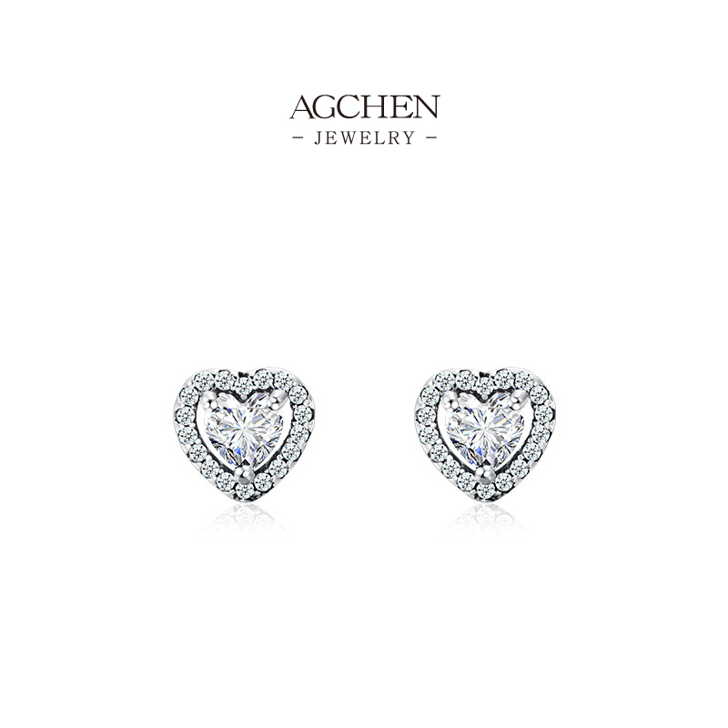 AGCHEN Heart Shaped Zircon Stud Earrings 925 Sterling Silver Romantic Love Jewelry AGRHE617