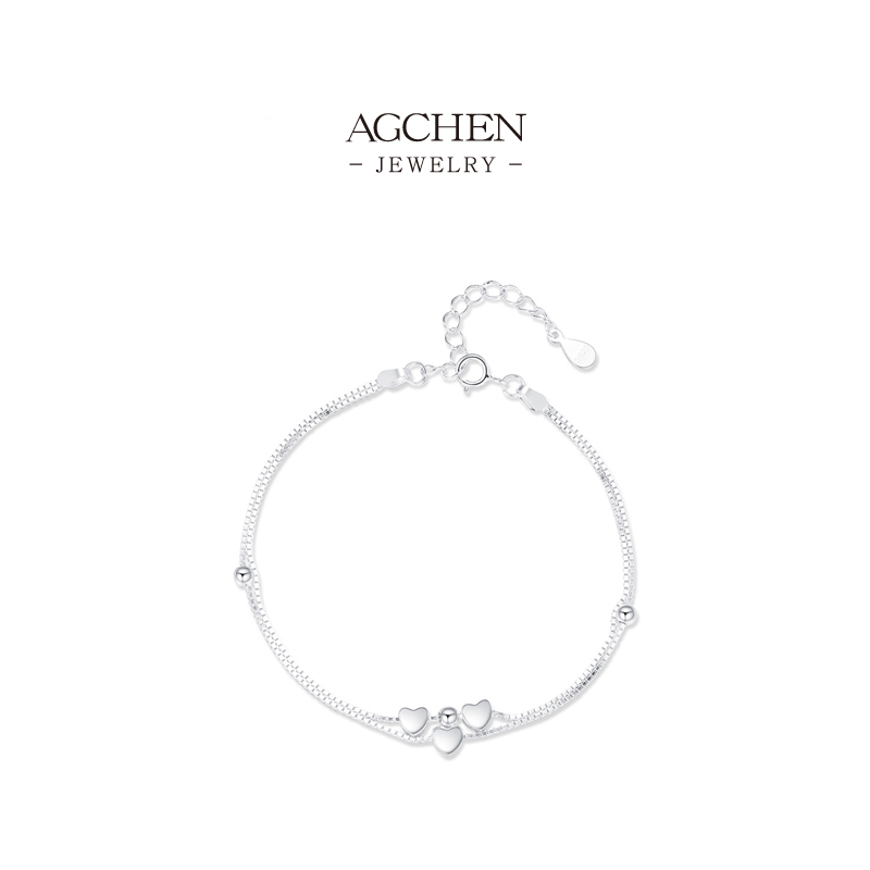 AGCHEN Three Heart Link Bracelet 925 Sterling Silver Eternal Love Symbol Jewelry AGS3197