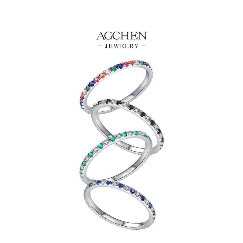 AGCHEN Rainbow Zircon Ring 925 Sterling Silver Colorful Sparkle Jewelry AGRHR659