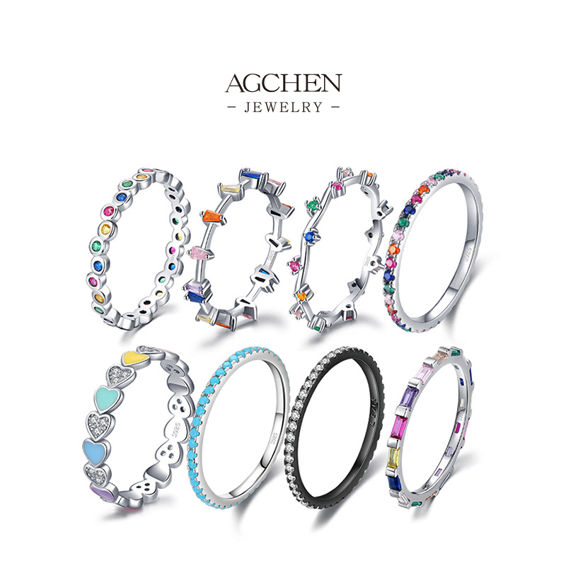 AGCHEN Rainbow Zircon Ring 925 Sterling Silver Colorful Sparkle Jewelry AGRHR653