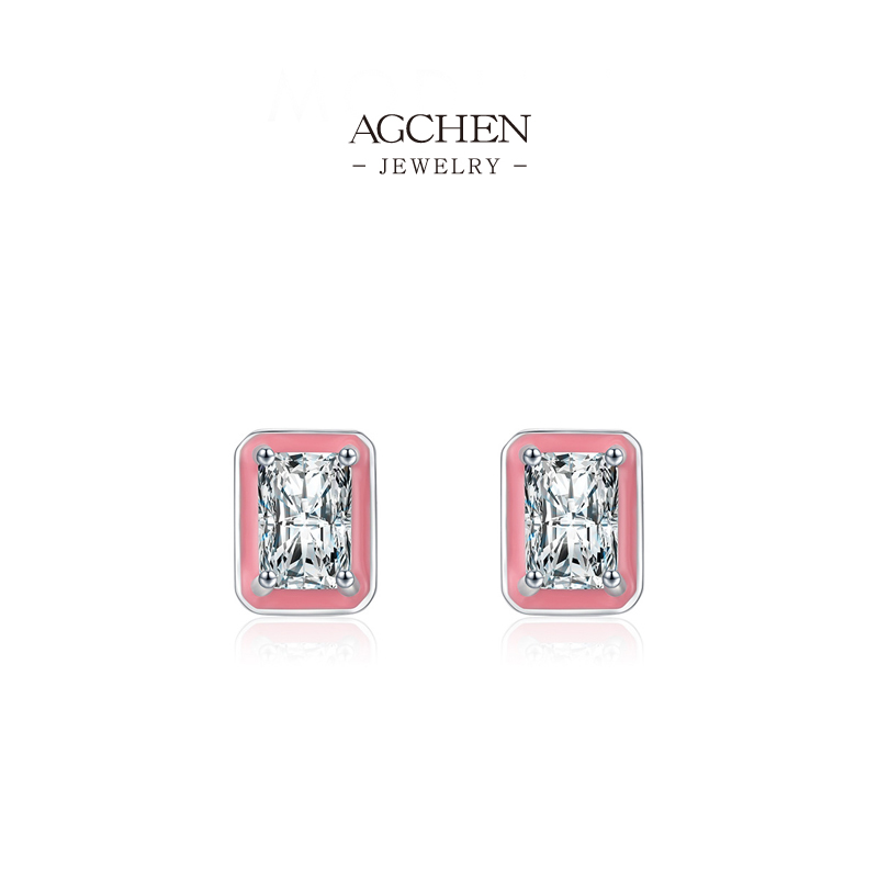 AGCHEN Pink Enamel Square Zircon Stud Earrings 925 Silver Plated Preppy Style Jewelry AGRHE1303