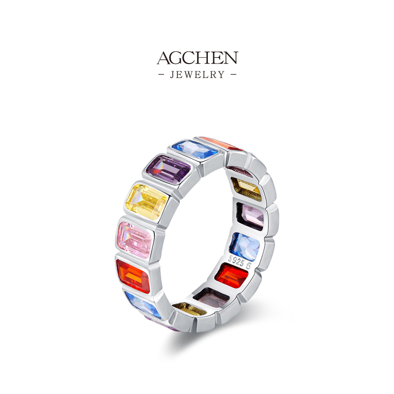 AGCHEN Colorful Square Zircon Ring 925 Sterling Silver Mosaic Art Jewelry AGRHR1905