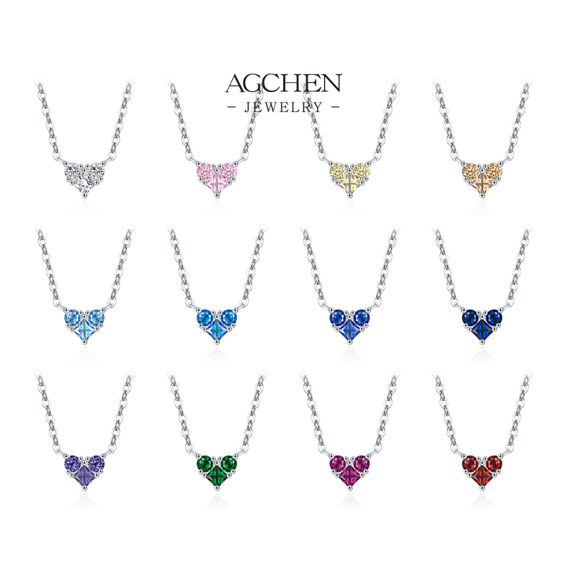 AGCHEN Multicolor Heart Birthstone Necklace 925 Sterling Silver Minimalist Personalized Gift AGRHN1695