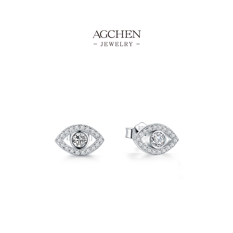 AGCHEN Evil Eye Zircon Stud Earrings 925 Sterling Silver Protective Symbol Jewelry AGRHE558