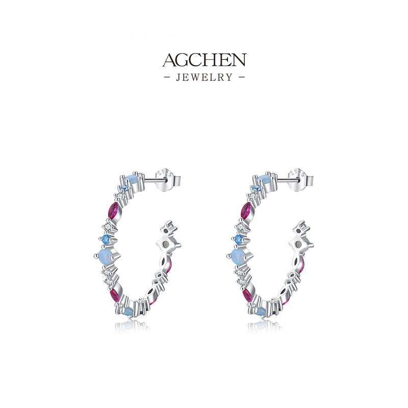 AGCHEN Colorful Zircon C-Hoop Earrings 925 Sterling Silver Modern Alphabet Jewelry AGRHE1222