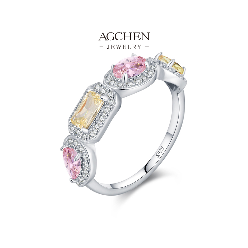 AGCHEN JEWELRY Champagne Pink Zircon Ring 925 Sterling Silver Sparkling Ros&eacute; Jewelry AGRHR2005