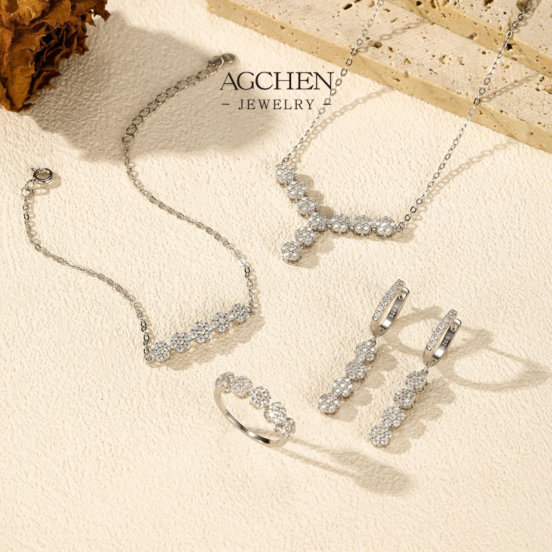 AGCHEN Bridal White Zircon Necklace .925 Sterling Silver Wedding Jewelry AGRHS1914