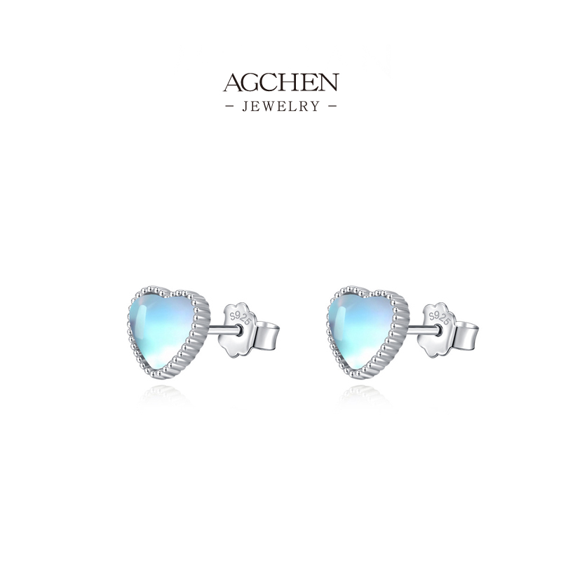 AGCHEN Heart Moonstone Stud Earrings 925 Sterling Silver Mystical Love Amulet Jewelry AGRHE1302