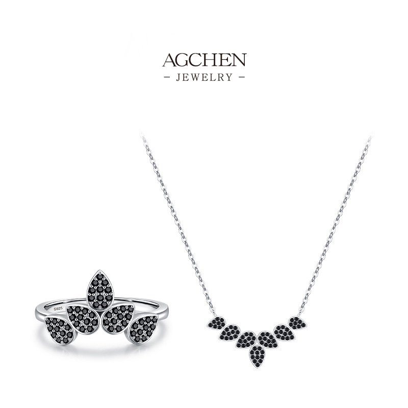 AGCHEN Onyx Zircon Necklace Black 925 Silver Statement Piece AGRHS1126