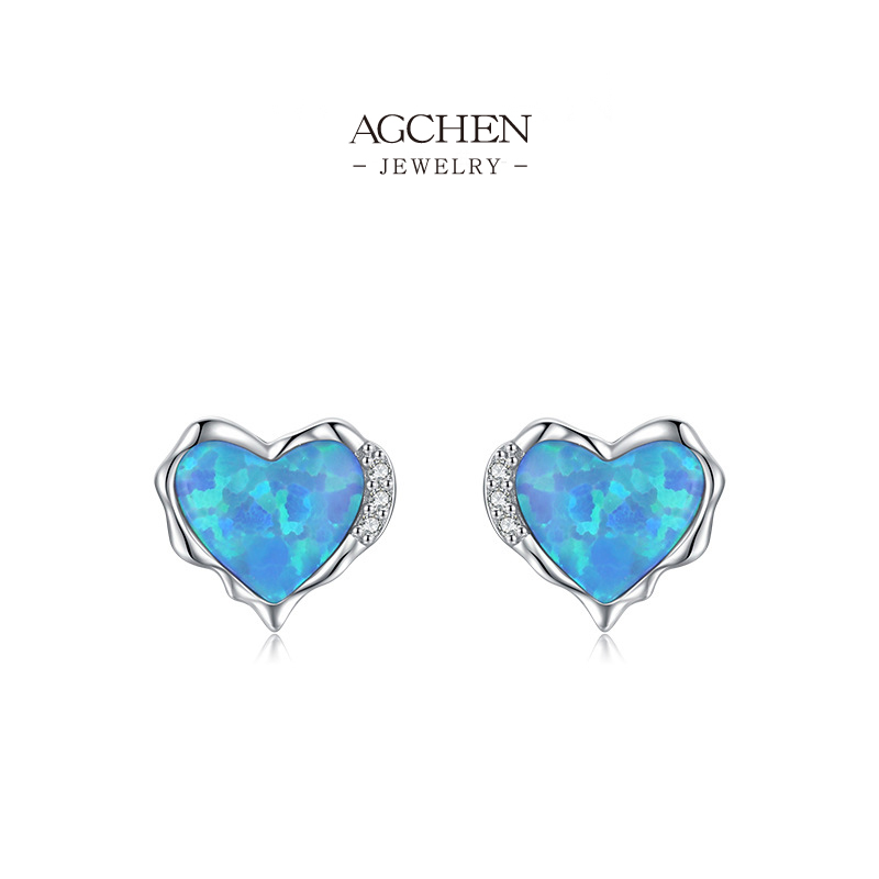 AGCHEN Heart Opal Stud Earrings 925 Sterling Silver Iridescent Love Symbol Jewelry AGRHE1272