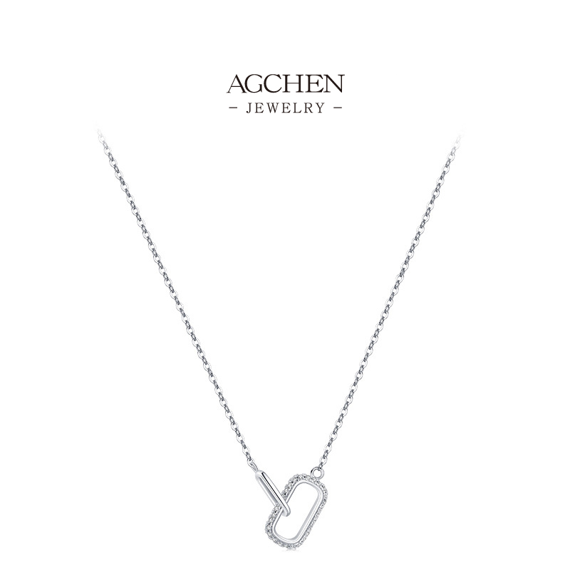 AGCHEN Double Oval Hoop Necklace 925 Sterling Silver Modern Geometric Link Jewelry AGRHN1085