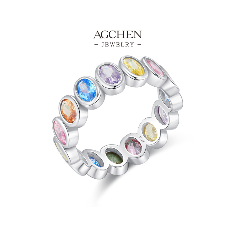 AGCHEN Rainbow Zircon Ring 925 Sterling Silver Prismatic Splendor Jewelry AGRHR1609