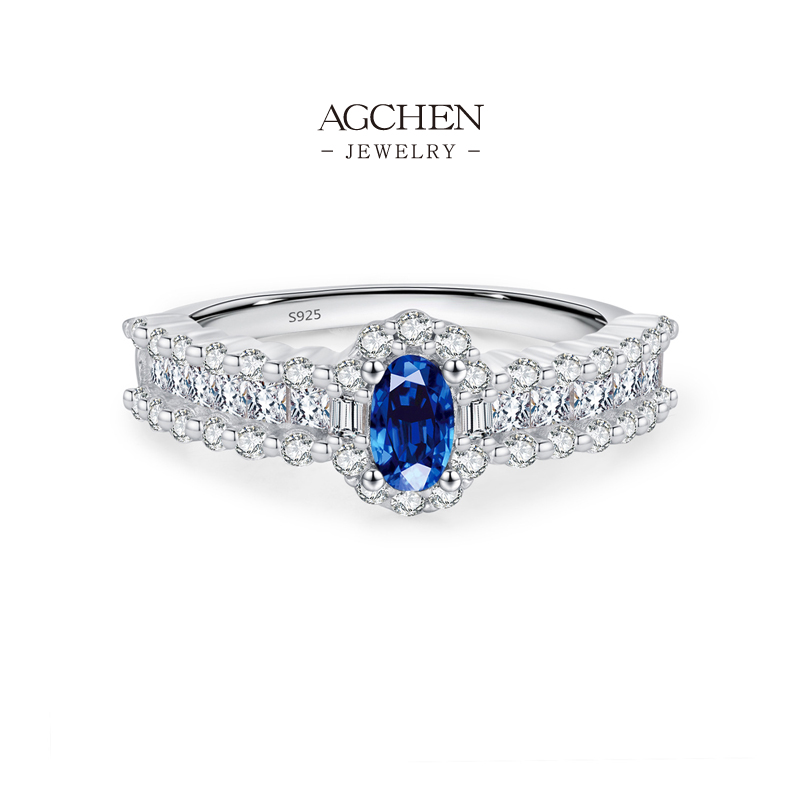 AGCHEN Princess Cut Navy Zircon Ring 925 Sterling Silver Royal Blue Jewelry AGRHR1664