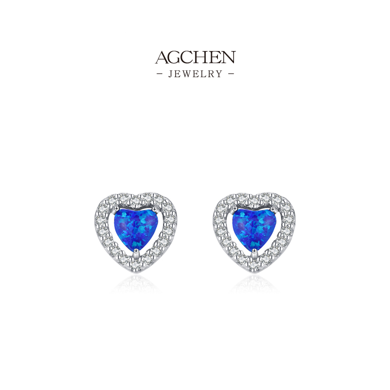 AGCHEN Navy Blue Heart Stud Earrings 925 Sterling Silver Nautical Romance Jewelry AGRHE1465
