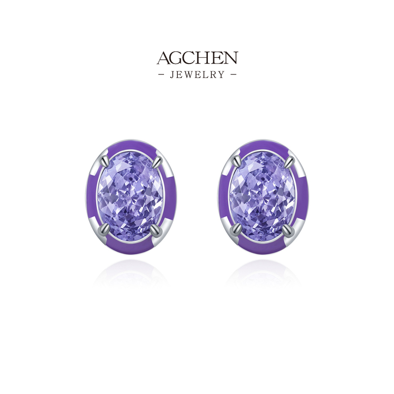 AGCHEN Lavender Oval Zircon Stud Earrings 925 Sterling Silver Pastel Jewelry AGRHE1802