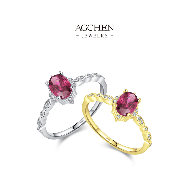 AGCHEN JEWELRY Garnet Red Zircon Ring 925 Sterling Silver Vintage Wine Jewelry AGRHR1379